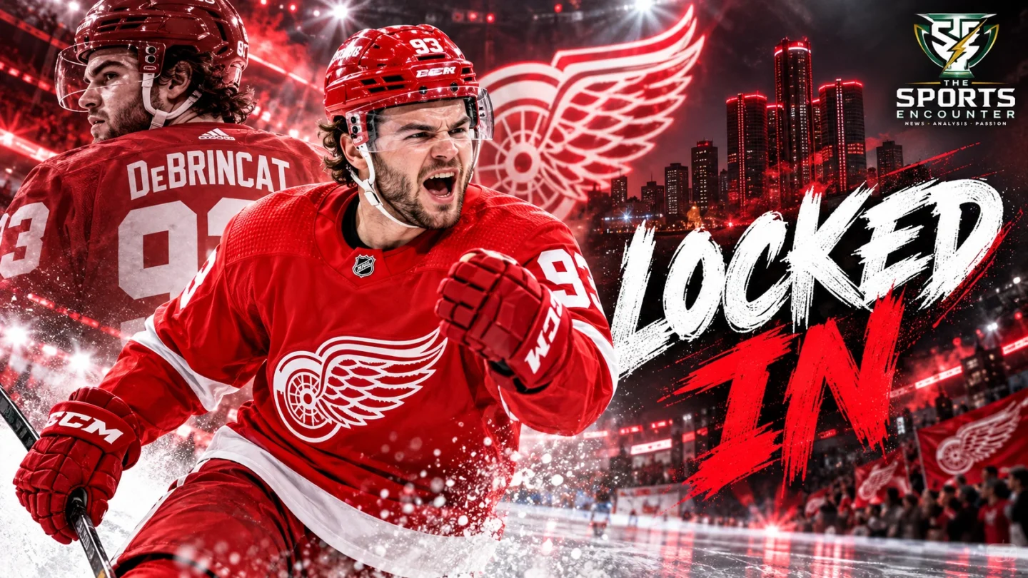 Alex DeBrincat wearing the Detroit Red Wings' red No. 93 jersey, representing his seven-year, $91 million contract extension with the NHL franchise.