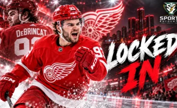 Alex DeBrincat wearing the Detroit Red Wings' red No. 93 jersey, representing his seven-year, $91 million contract extension with the NHL franchise.