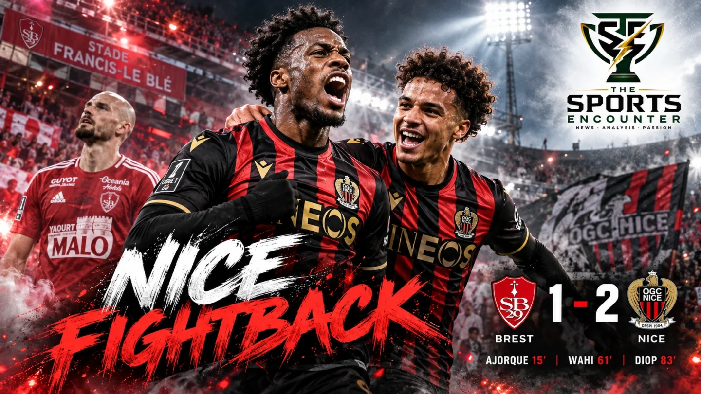 Cinematic illustration of Elye Wahi and Sofiane Diop celebrating OGC Nice's 2-1 comeback victory over Stade Brestois in Ligue 1 on October 23, 2026.