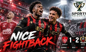 Cinematic illustration of Elye Wahi and Sofiane Diop celebrating OGC Nice's 2-1 comeback victory over Stade Brestois in Ligue 1 on October 23, 2026.