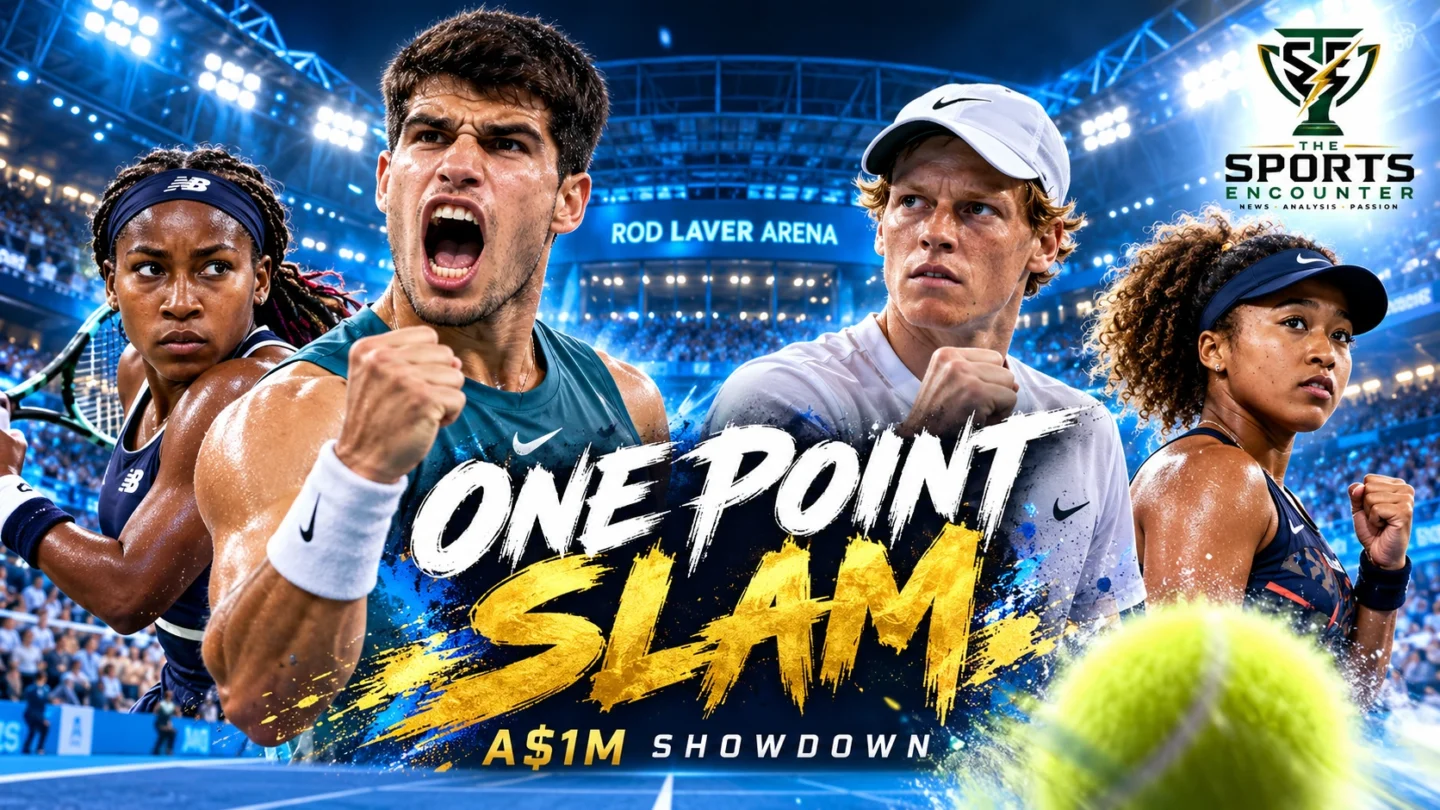 Carlos Alcaraz, Jannik Sinner, Coco Gauff and Naomi Osaka featured in an Australian Open 2027 One Point Slam graphic highlighting the A$1 million winner-takes-all tennis competition.