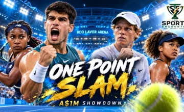 Carlos Alcaraz, Jannik Sinner, Coco Gauff and Naomi Osaka featured in an Australian Open 2027 One Point Slam graphic highlighting the A$1 million winner-takes-all tennis competition.