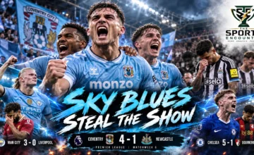 Coventry City players celebrate their 4-1 Premier League victory over Newcastle United on October 12, 2026, as Matchweek 6 concludes.