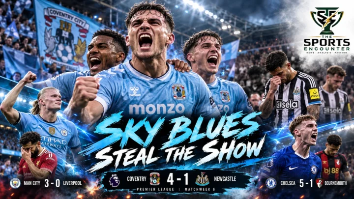 Coventry City players celebrate their 4-1 Premier League victory over Newcastle United on October 12, 2026, as Matchweek 6 concludes.