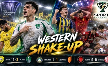 AFC Champions League Elite Matchday 2 editorial graphic featuring Al Ahli's victory over Al Wasl, Pakhtakor's draw with Al Qadsiah and Tractor's goalless match against Al Shamal.