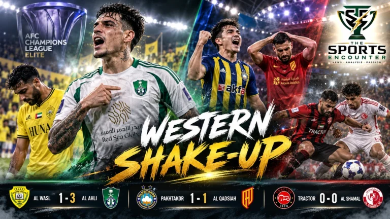 AFC Champions League Elite Matchday 2 editorial graphic featuring Al Ahli's victory over Al Wasl, Pakhtakor's draw with Al Qadsiah and Tractor's goalless match against Al Shamal.
