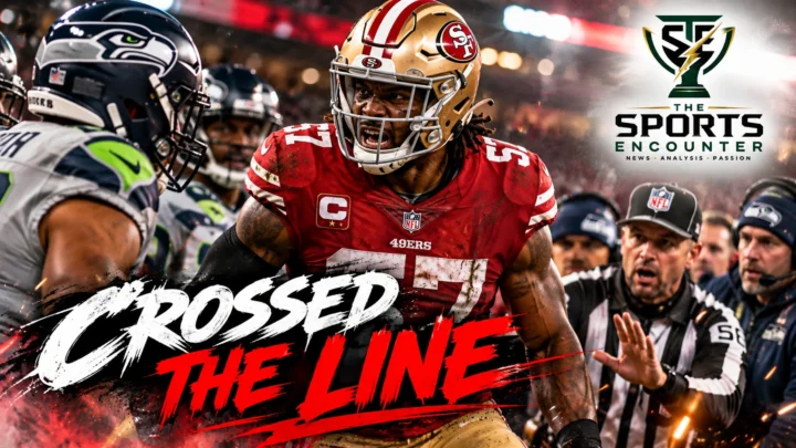 San Francisco 49ers linebacker Dre Greenlaw in his red and gold uniform following the sideline confrontation with Seattle's Ernest Jones IV that resulted in a one-game NFL suspension.
