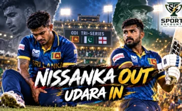 Pathum Nissanka in Sri Lanka's national cricket uniform, alongside Lahiru Udara in a graphic about the injury-enforced squad change for the 2026 Pakistan ODI tri-series.