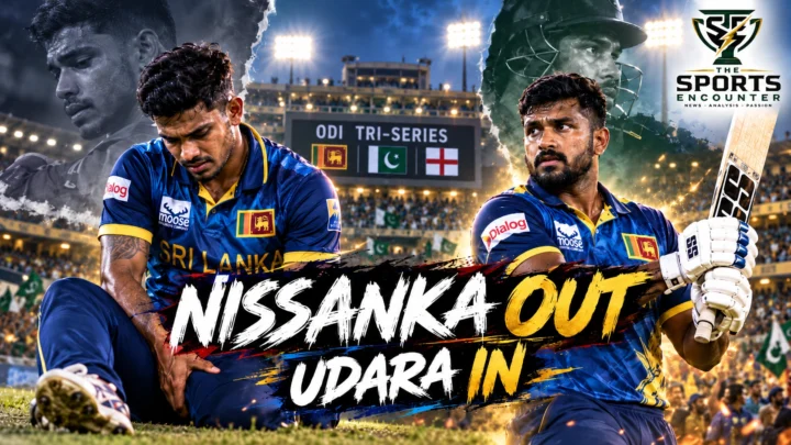 Pathum Nissanka in Sri Lanka's national cricket uniform, alongside Lahiru Udara in a graphic about the injury-enforced squad change for the 2026 Pakistan ODI tri-series.