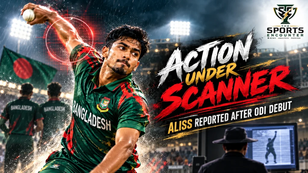 Bangladesh off-spinner Aliss Al Islam delivering the ball during international cricket, following a report questioning the legality of his bowling action in October 2026.