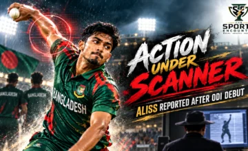 Bangladesh off-spinner Aliss Al Islam delivering the ball during international cricket, following a report questioning the legality of his bowling action in October 2026.