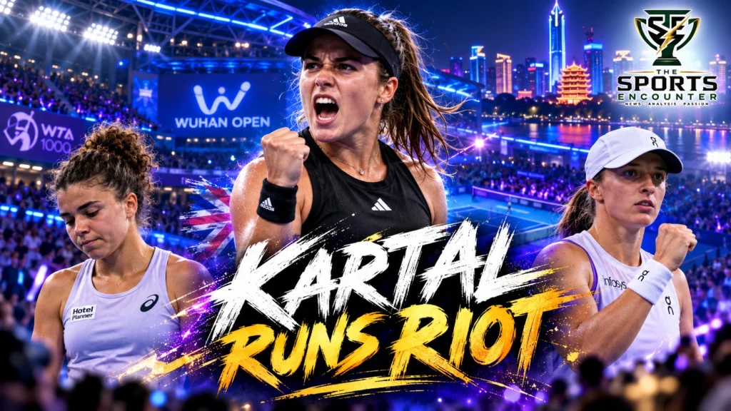 Sonay Kartal celebrates her Wuhan Open 2026 victory over Jasmine Paolini, with Iga Swiatek featured alongside her after recording her 150th WTA 1000 win.