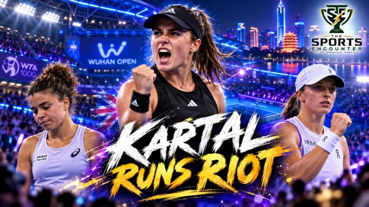 Sonay Kartal celebrates her Wuhan Open 2026 victory over Jasmine Paolini, with Iga Swiatek featured alongside her after recording her 150th WTA 1000 win.