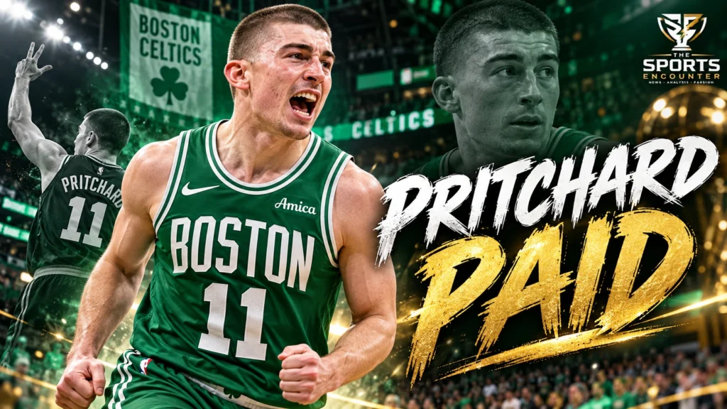 Boston Celtics guard Payton Pritchard in his green No. 11 uniform, featured in an editorial graphic about his reported two-year, $44.2 million contract extension in October 2026.