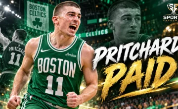 Boston Celtics guard Payton Pritchard in his green No. 11 uniform, featured in an editorial graphic about his reported two-year, $44.2 million contract extension in October 2026.