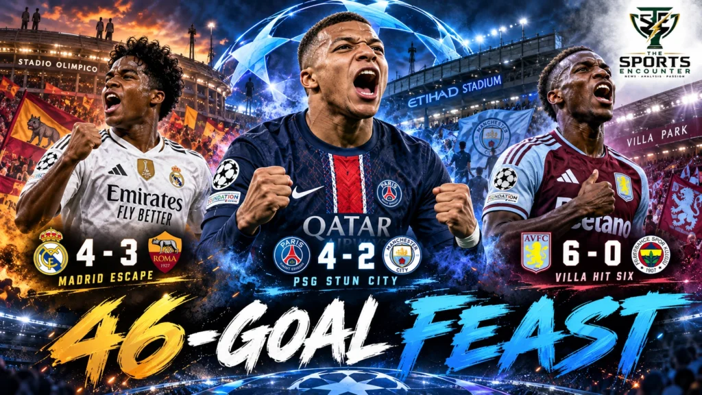 Paris Saint-Germain players celebrating against Manchester City, alongside Real Madrid's comeback against Roma and Aston Villa's six-goal victory, in a UEFA Champions League editorial graphic.