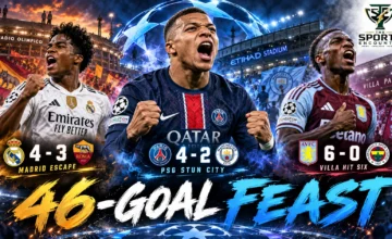 Paris Saint-Germain players celebrating against Manchester City, alongside Real Madrid's comeback against Roma and Aston Villa's six-goal victory, in a UEFA Champions League editorial graphic.