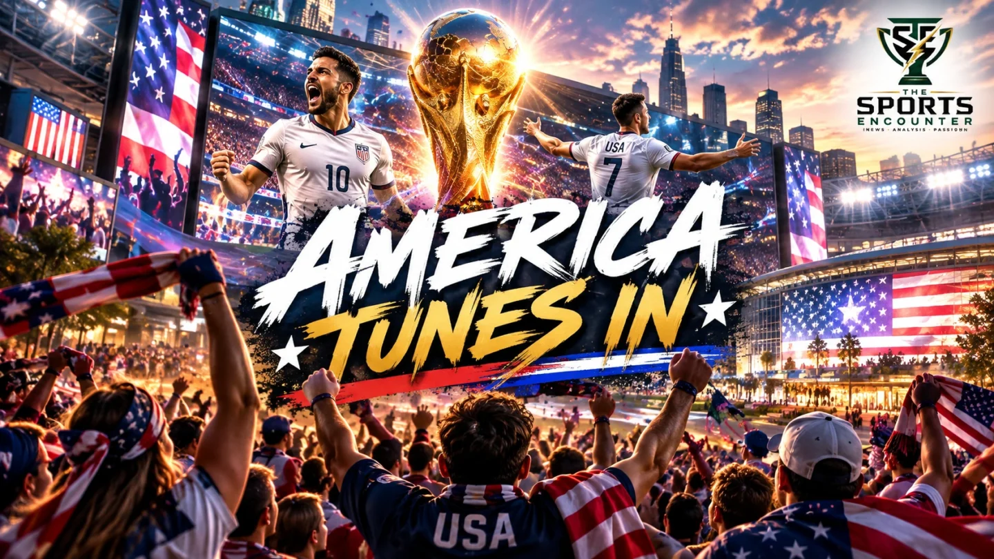 American soccer supporters watching the 2026 FIFA World Cup on giant screens, with MLS, Premier League and La Liga stadium imagery illustrating rising U.S. soccer viewership.
