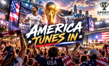 American soccer supporters watching the 2026 FIFA World Cup on giant screens, with MLS, Premier League and La Liga stadium imagery illustrating rising U.S. soccer viewership.