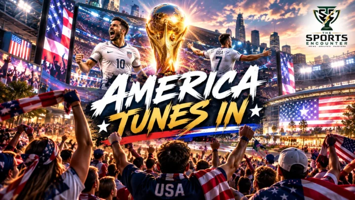 American soccer supporters watching the 2026 FIFA World Cup on giant screens, with MLS, Premier League and La Liga stadium imagery illustrating rising U.S. soccer viewership.