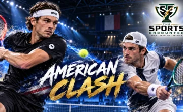 Proposed cinematic tennis illustration of Taylor Fritz and Tommy Paul competing on an indoor hard court ahead of their all-American semifinal at the 2026 Lyon Open.