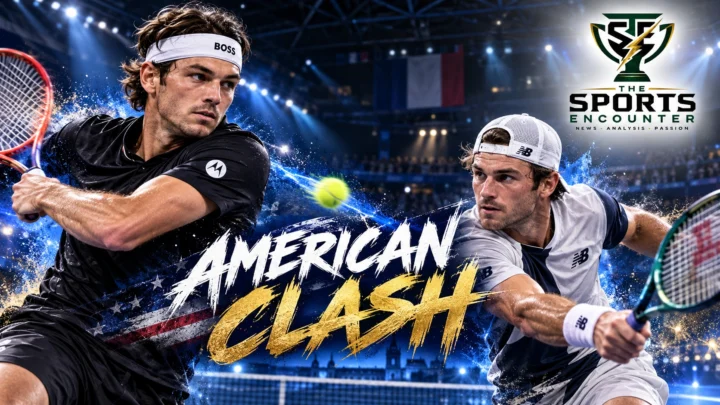 Proposed cinematic tennis illustration of Taylor Fritz and Tommy Paul competing on an indoor hard court ahead of their all-American semifinal at the 2026 Lyon Open.