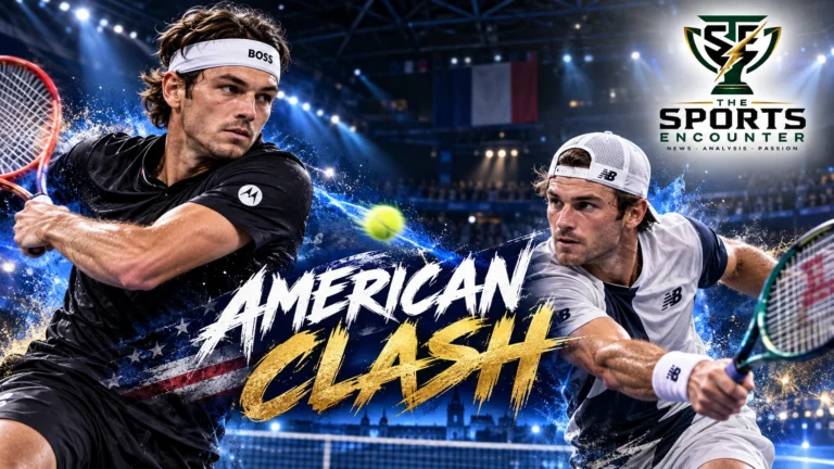 Proposed cinematic tennis illustration of Taylor Fritz and Tommy Paul competing on an indoor hard court ahead of their all-American semifinal at the 2026 Lyon Open.