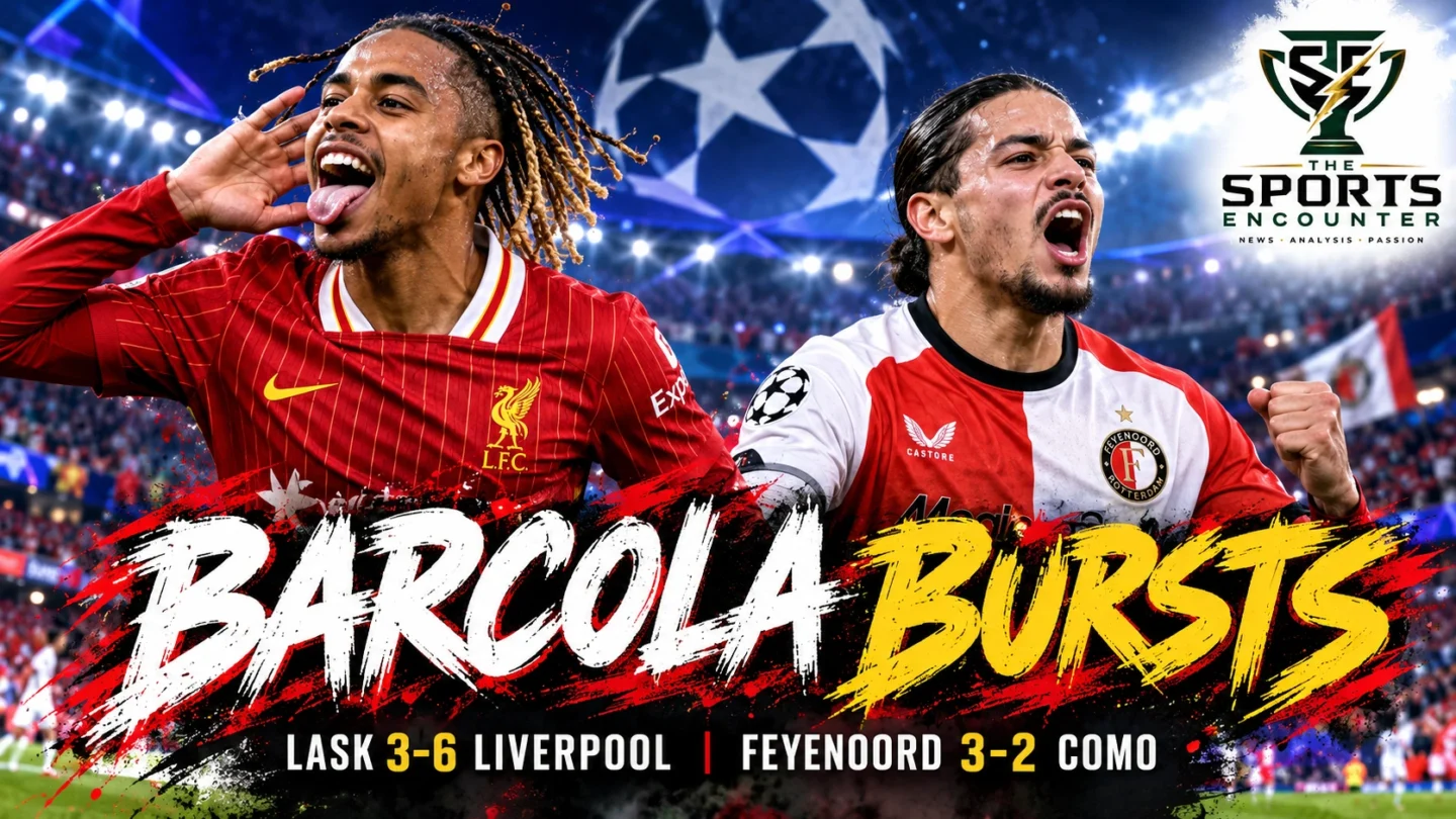 Bradley Barcola celebrating his Liverpool hat-trick against LASK alongside Feyenoord's Anis Hadj Moussa after the October 14, 2026, Champions League victories.