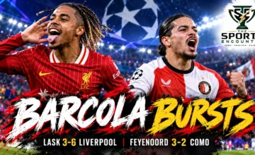 Bradley Barcola celebrating his Liverpool hat-trick against LASK alongside Feyenoord's Anis Hadj Moussa after the October 14, 2026, Champions League victories.