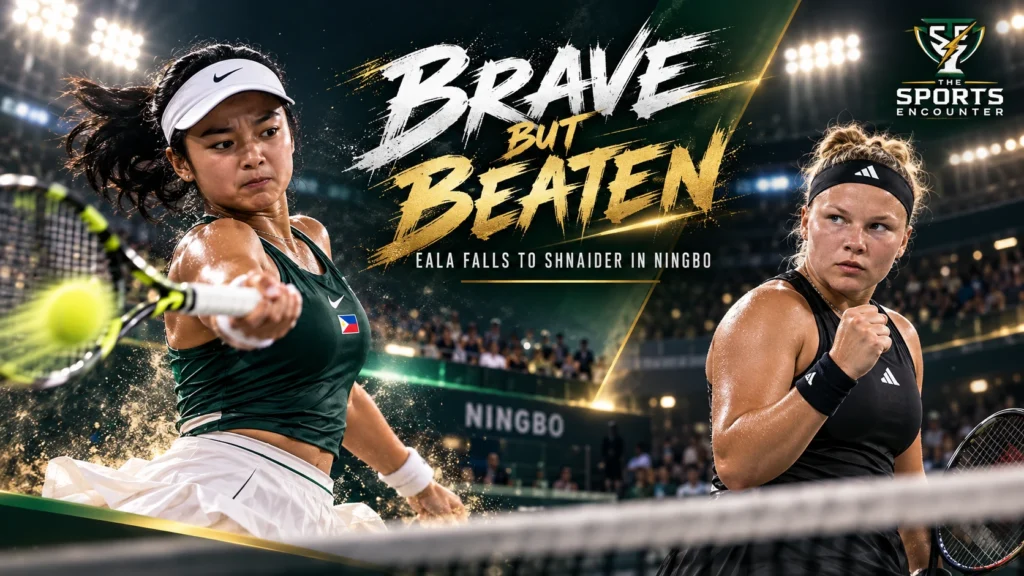 Alexandra Eala and Diana Shnaider in contrasting tennis action during their Ningbo Open Round of 16 encounter, which Shnaider won 7-5, 6-4, with The Sports Encounter's official logo.