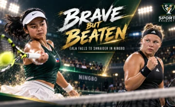 Alexandra Eala and Diana Shnaider in contrasting tennis action during their Ningbo Open Round of 16 encounter, which Shnaider won 7-5, 6-4, with The Sports Encounter's official logo.