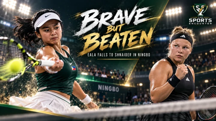 Alexandra Eala and Diana Shnaider in contrasting tennis action during their Ningbo Open Round of 16 encounter, which Shnaider won 7-5, 6-4, with The Sports Encounter's official logo.