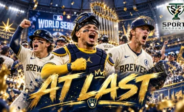 Cinematic illustration of Milwaukee Brewers players celebrating their first World Series championship after defeating the Tampa Bay Rays 4-1 in Game 5, with the official The Sports Encounter logo.