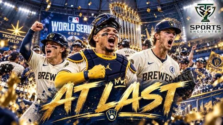 Cinematic illustration of Milwaukee Brewers players celebrating their first World Series championship after defeating the Tampa Bay Rays 4-1 in Game 5, with the official The Sports Encounter logo.