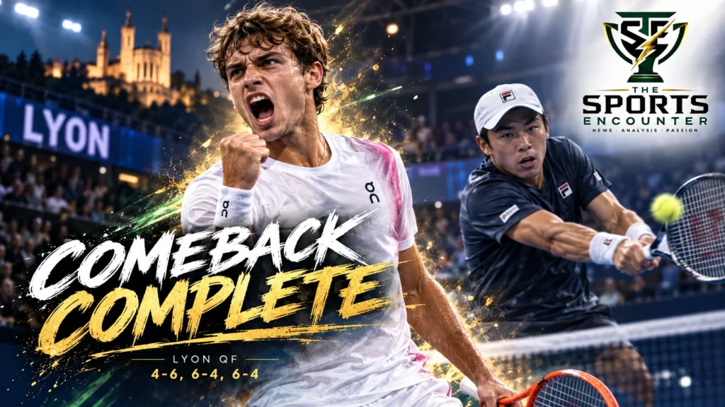 Proposed cinematic tennis illustration of Flavio Cobolli hitting an attacking forehand against Brandon Nakashima during their three-set Lyon Open quarterfinal, featuring The Sports Encounter's official logo.