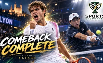 Proposed cinematic tennis illustration of Flavio Cobolli hitting an attacking forehand against Brandon Nakashima during their three-set Lyon Open quarterfinal, featuring The Sports Encounter's official logo.