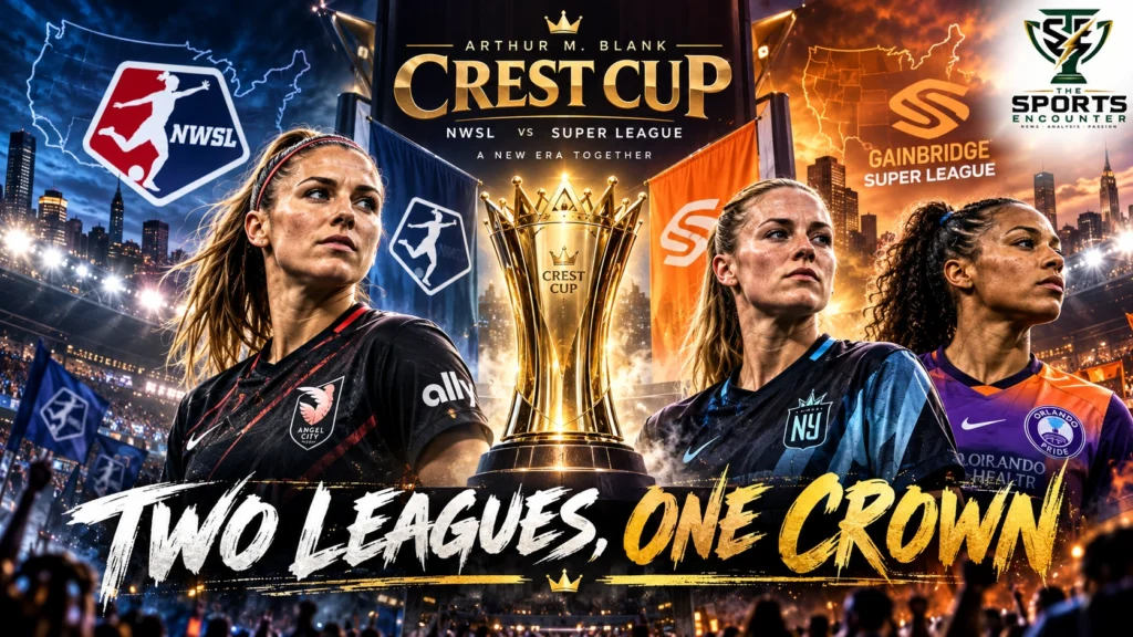 Editorial illustration of NWSL and Gainbridge Super League women's soccer players competing for the Arthur M. Blank Crest Cup national championship trophy.