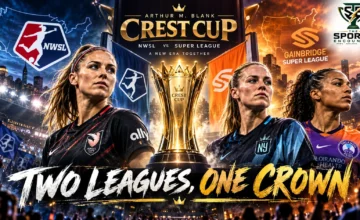 Editorial illustration of NWSL and Gainbridge Super League women's soccer players competing for the Arthur M. Blank Crest Cup national championship trophy.