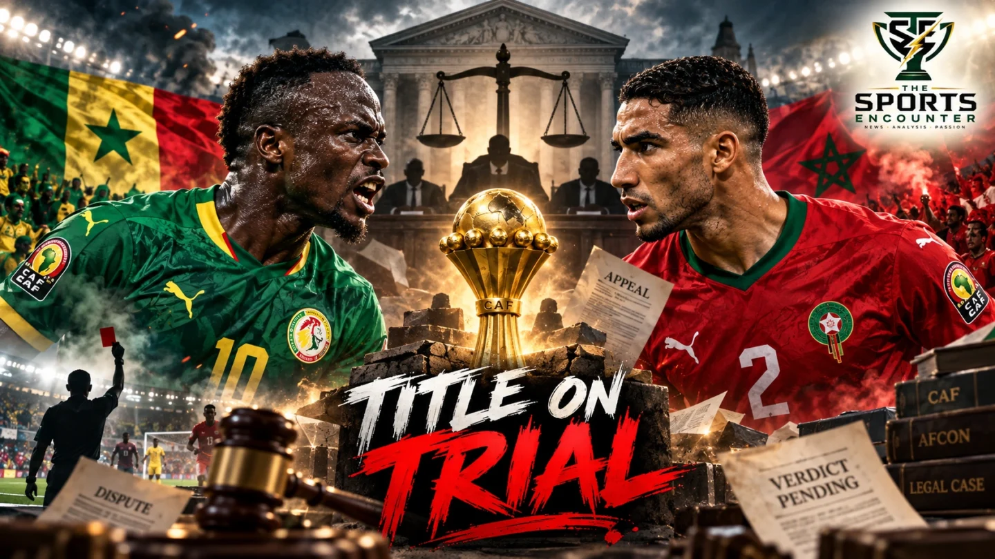 Senegal and Morocco national football players during the disputed AFCON 2025 final, with the AFCON trophy and Court of Arbitration for Sport theme representing the appeal over CAF's 3-0 forfeiture ruling.