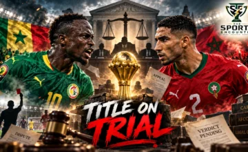 Senegal and Morocco national football players during the disputed AFCON 2025 final, with the AFCON trophy and Court of Arbitration for Sport theme representing the appeal over CAF's 3-0 forfeiture ruling.
