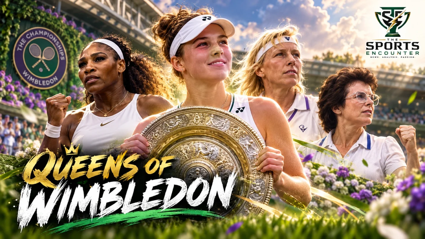 Cinematic illustration celebrating Wimbledon women's singles champions from Maud Watson to Linda Nosková, featuring the Venus Rosewater Dish and The Sports Encounter logo.