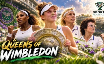 Cinematic illustration celebrating Wimbledon women's singles champions from Maud Watson to Linda Nosková, featuring the Venus Rosewater Dish and The Sports Encounter logo.