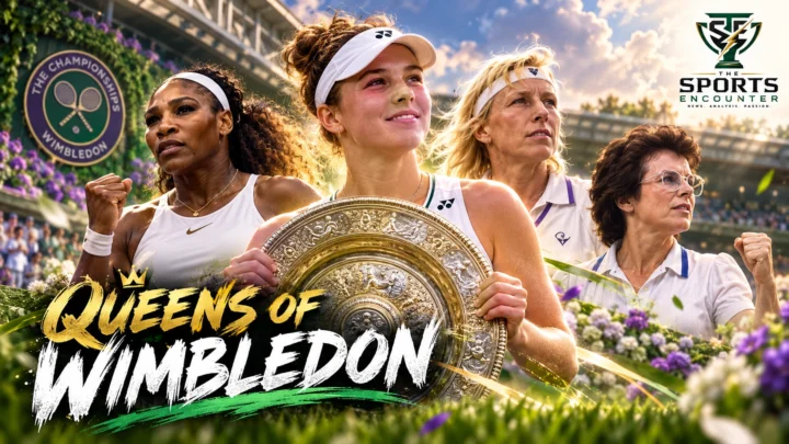 Cinematic illustration celebrating Wimbledon women's singles champions from Maud Watson to Linda Nosková, featuring the Venus Rosewater Dish and The Sports Encounter logo.
