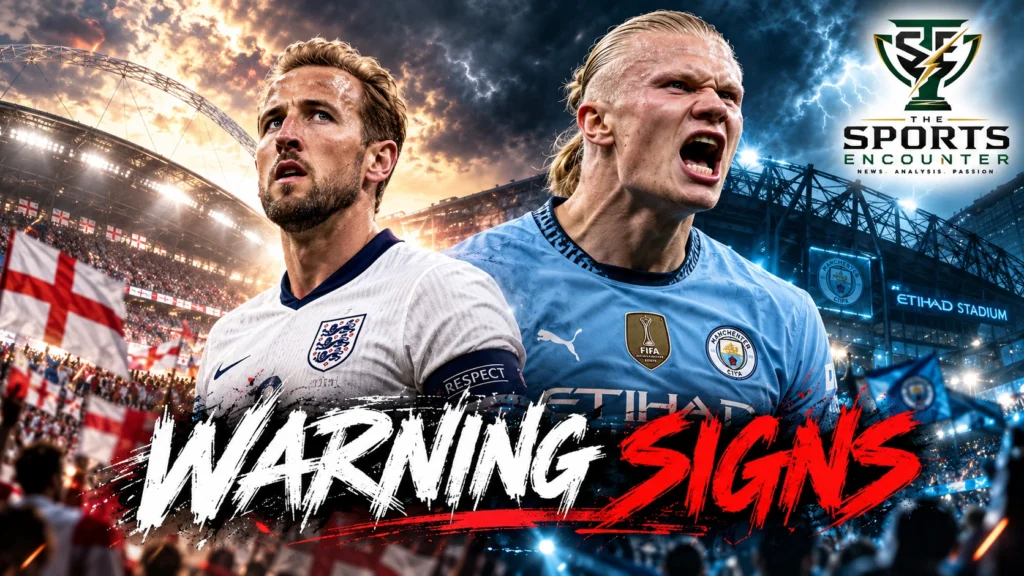 Cinematic soccer stadium scene for The Straight Re(a)d, Lee Hagan’s TSE football column covering England, Erling Haaland and Manchester City.