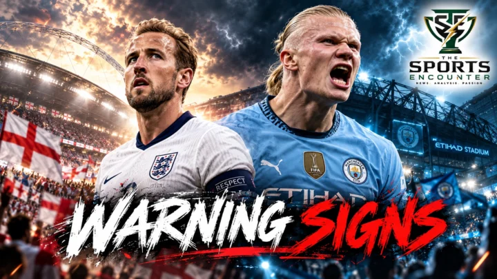 Cinematic soccer stadium scene for The Straight Re(a)d, Lee Hagan’s TSE football column covering England, Erling Haaland and Manchester City.