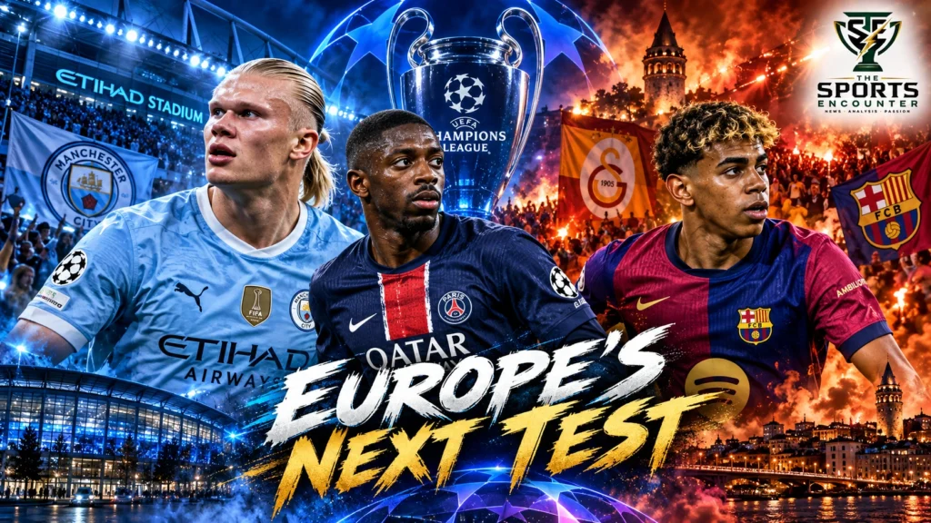 Erling Haaland, Paris Saint-Germain players and Lamine Yamal feature in a cinematic Champions League Matchday 2 collage highlighting Manchester City against PSG and Barcelona's trip to Galatasaray.