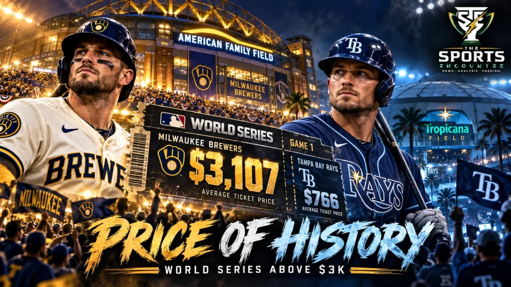 Cinematic editorial illustration of Milwaukee Brewers and Tampa Bay Rays fans facing the 2026 World Series, featuring a $3,107 Game 1 ticket-price graphic and American Family Field.