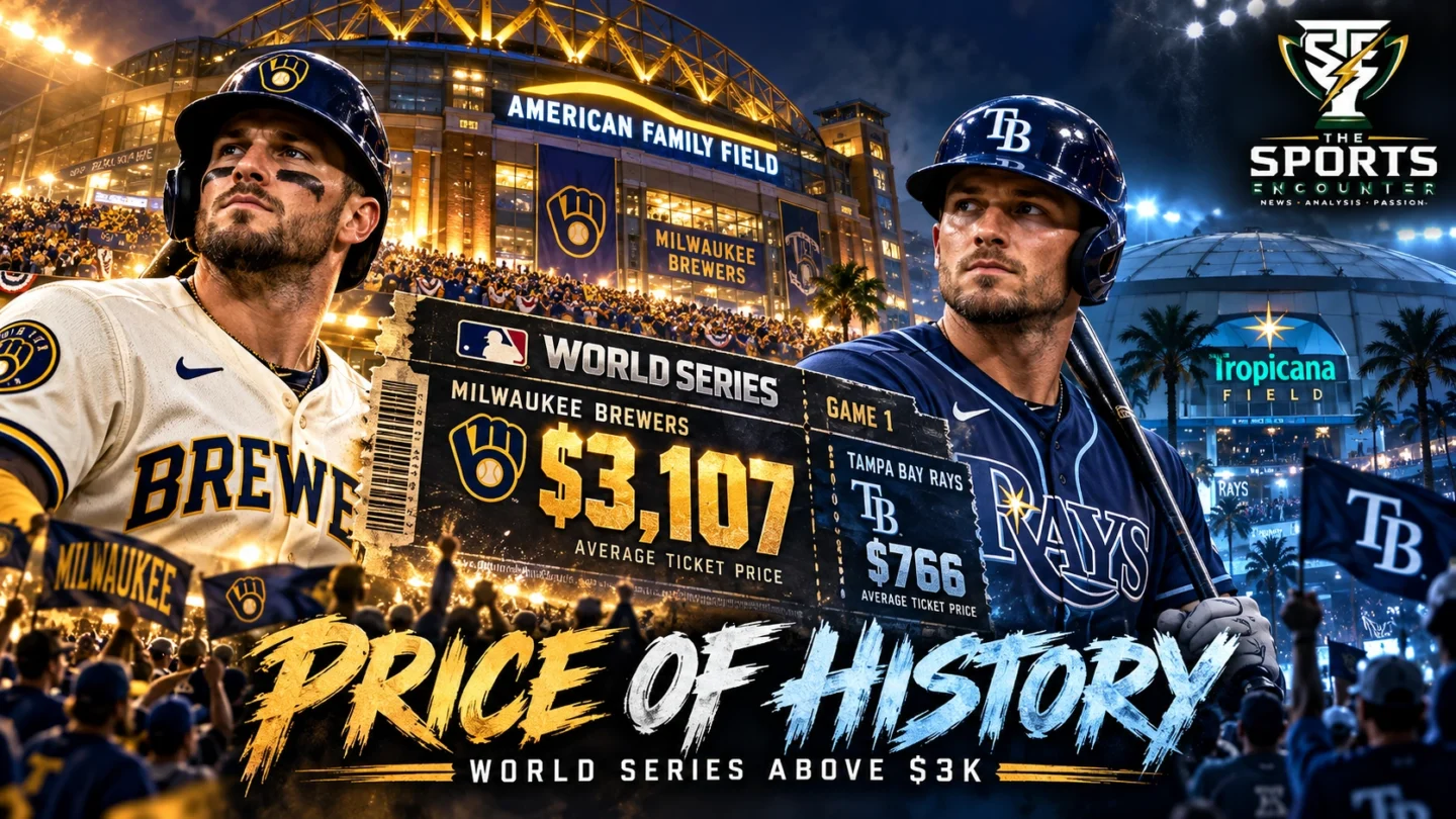 Cinematic editorial illustration of Milwaukee Brewers and Tampa Bay Rays fans facing the 2026 World Series, featuring a $3,107 Game 1 ticket-price graphic and American Family Field.