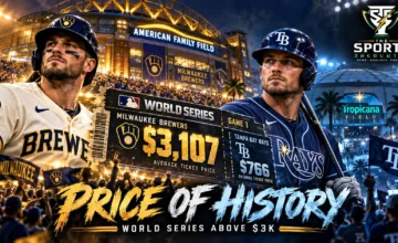 Cinematic editorial illustration of Milwaukee Brewers and Tampa Bay Rays fans facing the 2026 World Series, featuring a $3,107 Game 1 ticket-price graphic and American Family Field.