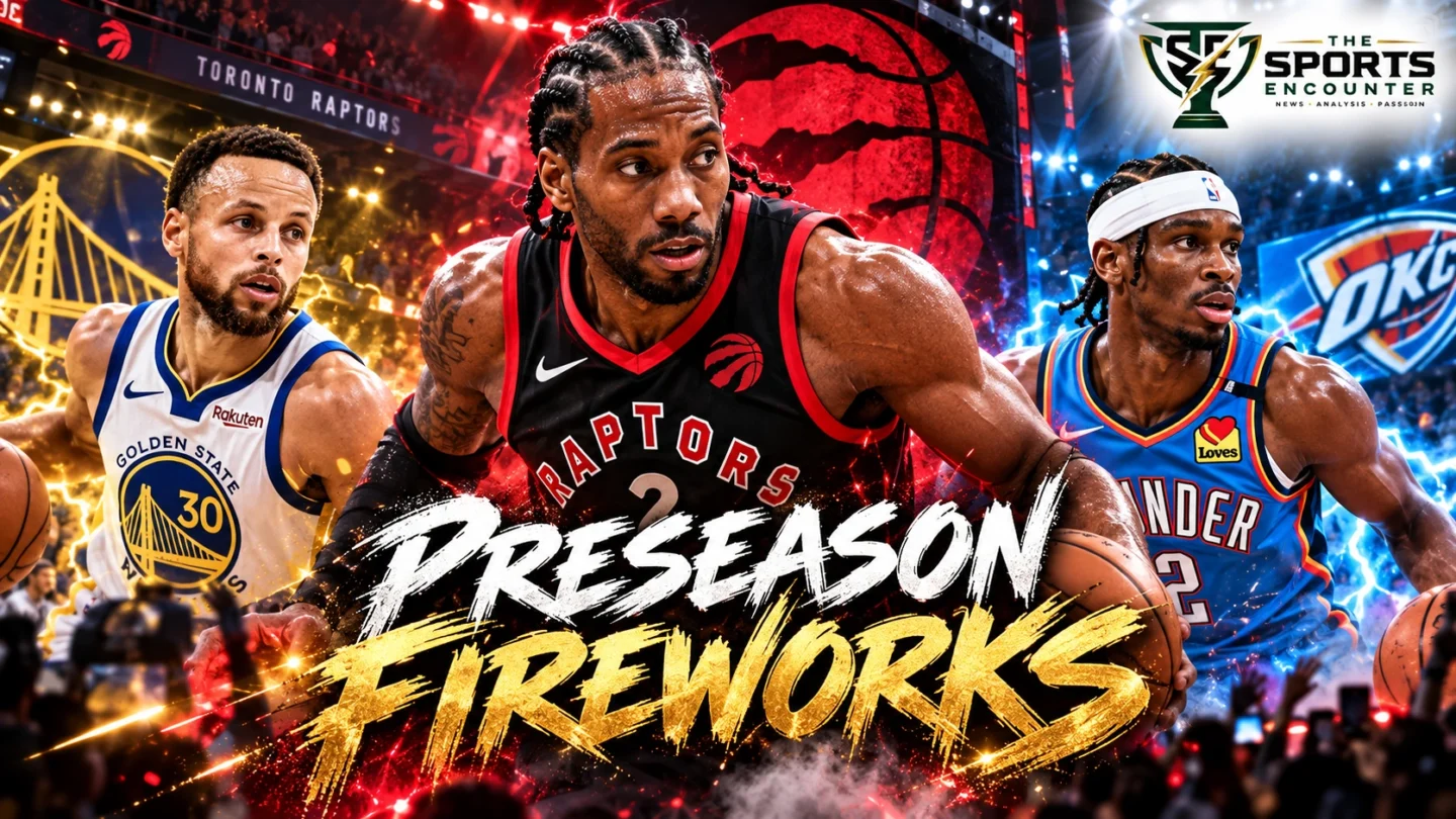 Kawhi Leonard in a Toronto Raptors uniform, alongside players representing the Warriors and Thunder, illustrating the five NBA preseason games played October 13, 2026.